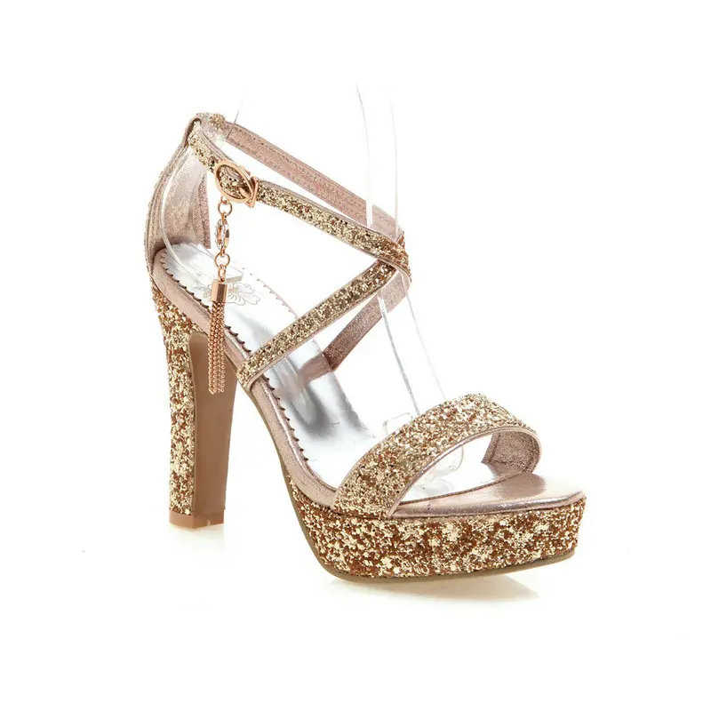 Элегантная Свадебная обувь для невесты; женские босоножки; босоножки на высоком каблуке-шпильке на платформе; Лидер продаж года; цвет золотой, серебряный, красный - Цвет: Золотой
