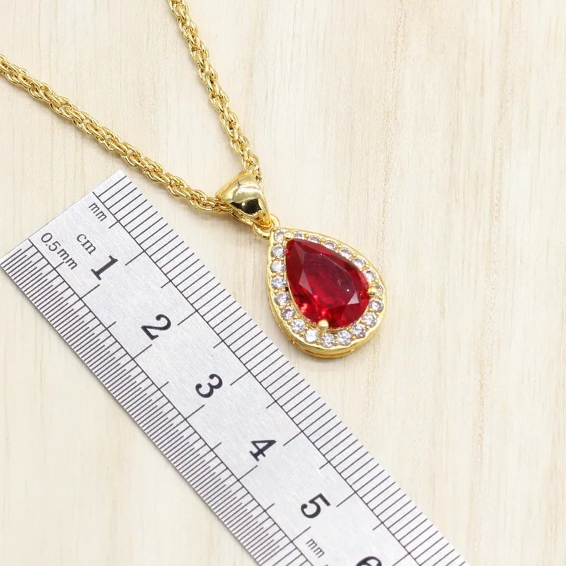 Золотой Цвет Ювелирные наборы красные камни капли воды браслет длинные серьги кулон цепи ожерелье Обручальное кольцо для женщин