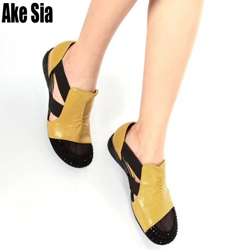 Ake Sia пакет со скругленным носком стразы украшают Для женщин леди модные перфорированные открытые туфли; Эластичная лента сандалии Повседневное босоножки на танкетке обувь A371
