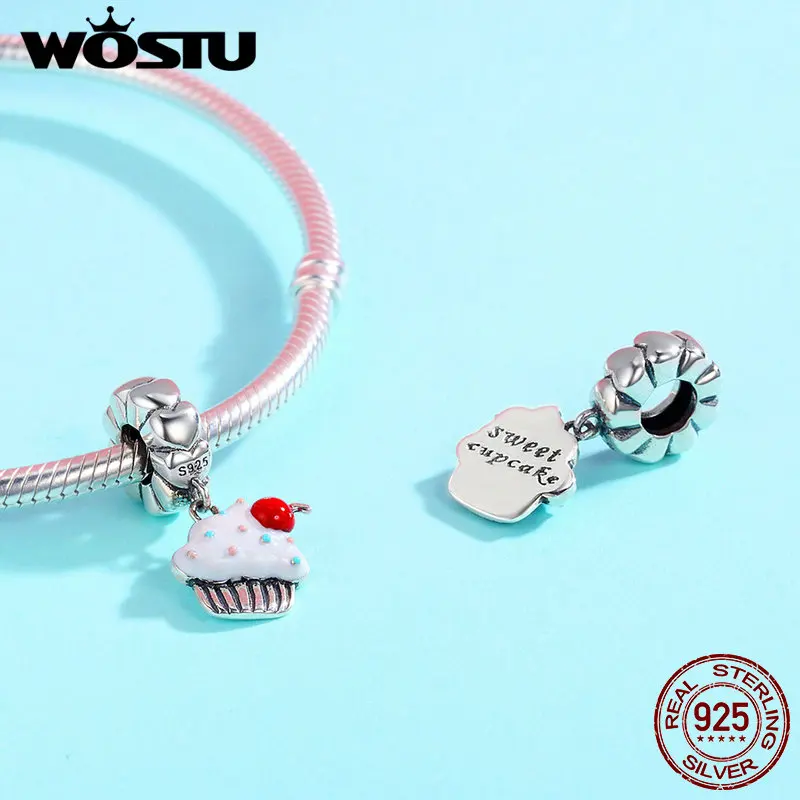WOSTU Genuine 925 Sterling Silver Cupcake As Element Colorful Enamel Charm fit original WST Bracelet DIY Jewelry Gift DXC350