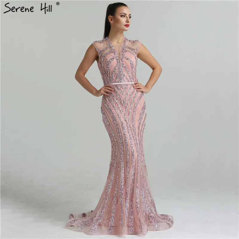 

Sexy Sheer V-neck Beaded Sequins Mermaid Evening Dresses 2019 Dubai Robe De Soiree Illusion Back Party Gowns Real Photo BLA6385