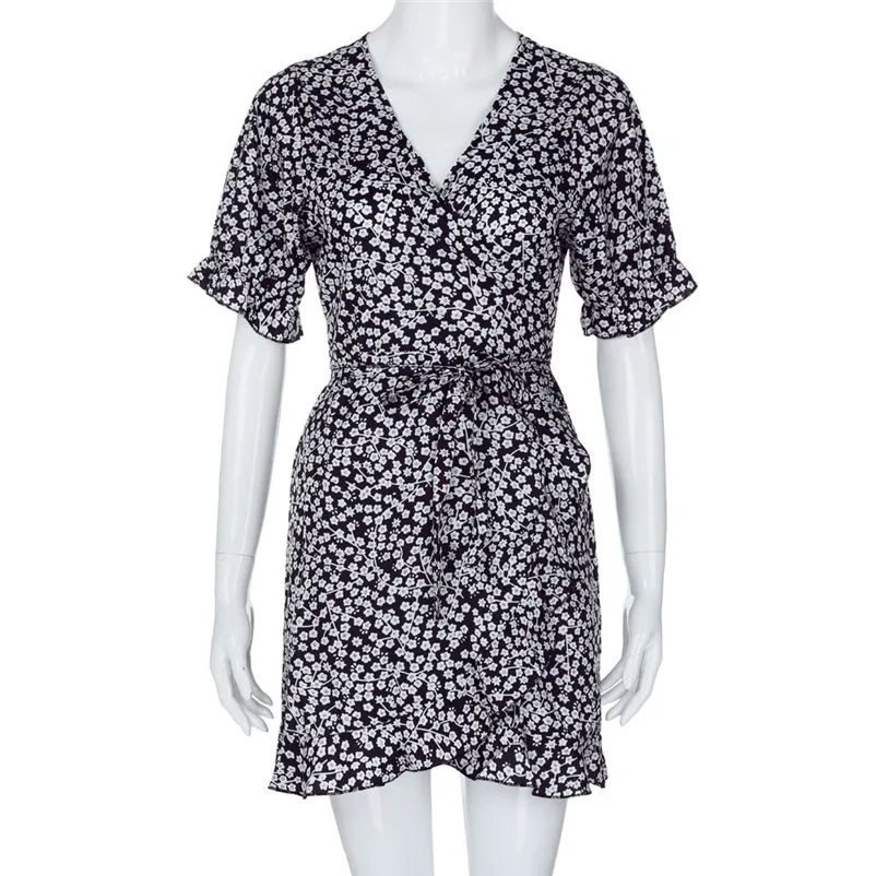 HOT summer dress 2018 beach dressWomen Floral Printed Short Sleeve V-Neck Summer Dress Beach Ruffled Skirt vestidos J19#N (4)