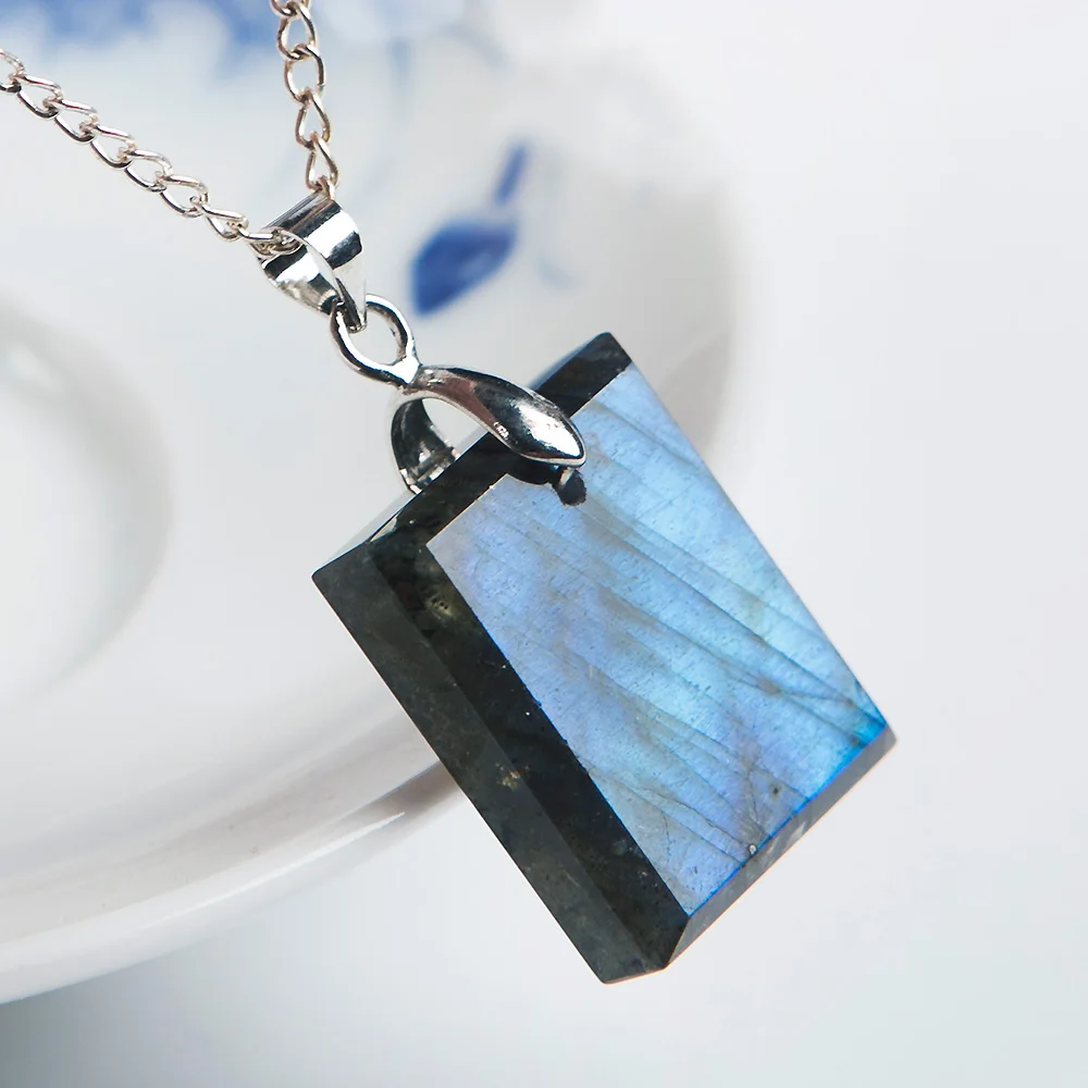 

Genuine Natural Blue Light Labradorite Pendant Gemstone 22x18x6mm Women Men 925 Silver Rectangle Crystal Moonstone Pendant AAAA