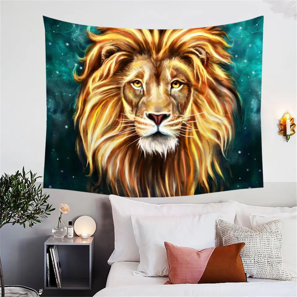 BlessLiving Artistic Lion Face Tapestry Gold Wild Animal Tapestries 3D