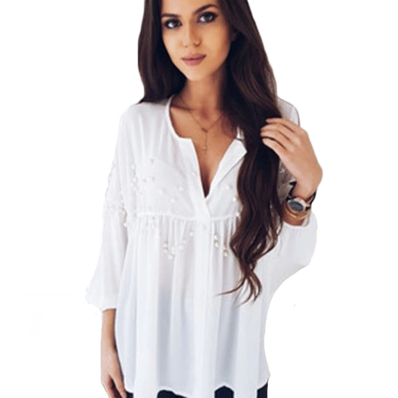 Blusas blancas elegantes para mujer, camisas a la moda Primavera Verano 2018, nuevas perlas, manga larga, cuello en de talla grande holgado, camisas para ropa femenina|Blusas y AliExpress