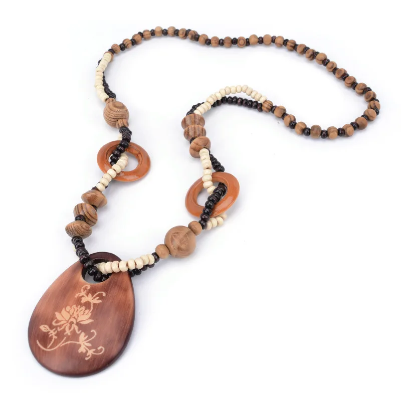 

MANXIUNI Wood Lotus Flower Long Sweater Chain Pendant Necklace Women Office Lady Jewelry Bijoux Gifts Valentine's Day present