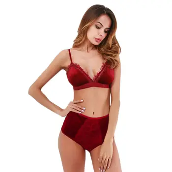 

2019 New Sexy Fashion Women Velvet Bralette Underwear High Waist Panties Soft Trim lingerie Set Push Up brassiere Bra set