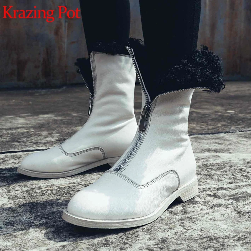 

krazing pot full grain leather sheep fur round toe motorcycle boots European design cold protection low heels mid-calf boots L78