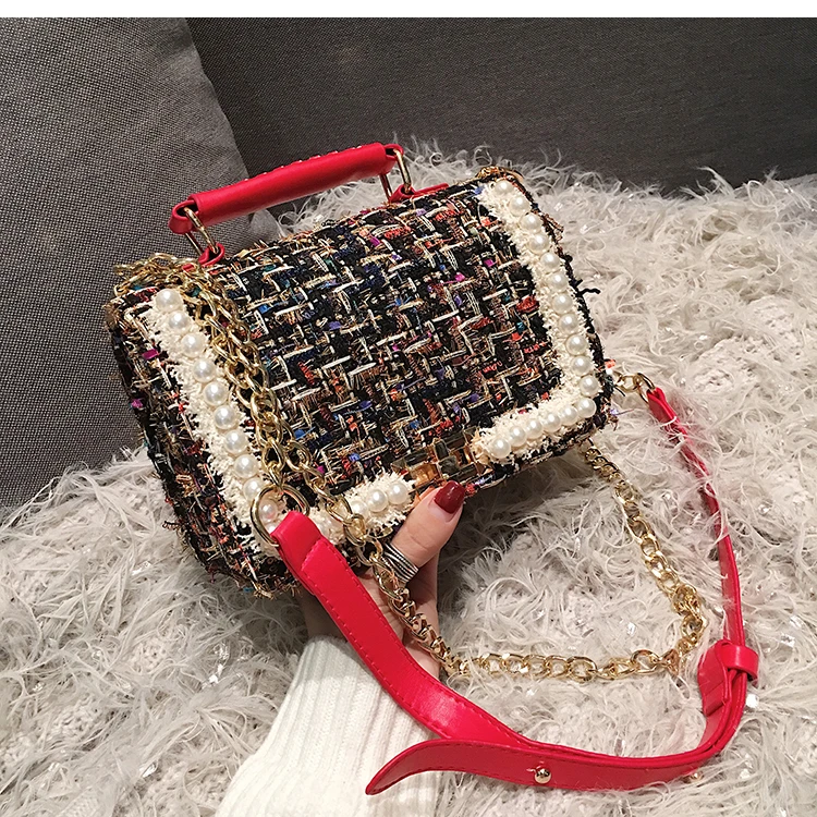 

4color Square Bags Handbags Metal Chain Cross Body Bags Pearl Patchwork Fashion Ladies Lock Cover Ladies Quality Evening Bags