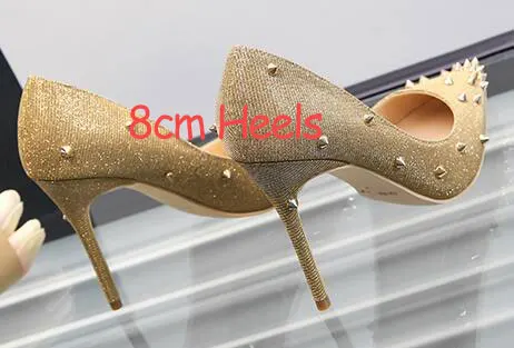 Veowalk/пикантные женские туфли на очень высоком каблуке с заклепками; модные женские туфли-лодочки из лакированной кожи с острым носком на шпильке; Цвет по индивидуальному заказу - Цвет: Gold Rivet 8cm