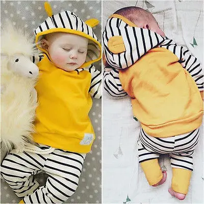 

Newborn Toddler Baby Boys Girls Outfits Clothes 2PCS Set Cute Hoodies Coat Tops + Pants Infant Striped clothing set