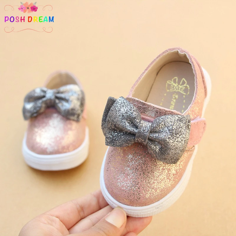 

POSH DREAM 2018 Spring New Pink Glitter Baby Girls Shoes Cute Big Bow Baby Toddler Girls Casual Shoes Soft Leather Girl Shoes