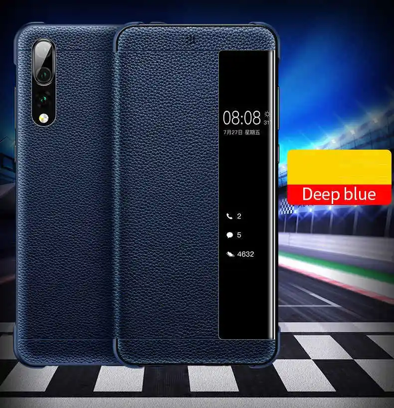 Smart Touch Window View Genuine Leather Flip Cover Case For Huawei P30 P20 lite Mate 9 10 20 Pro Phone Case For Huawei P10 Plus - Цвет: BLUE