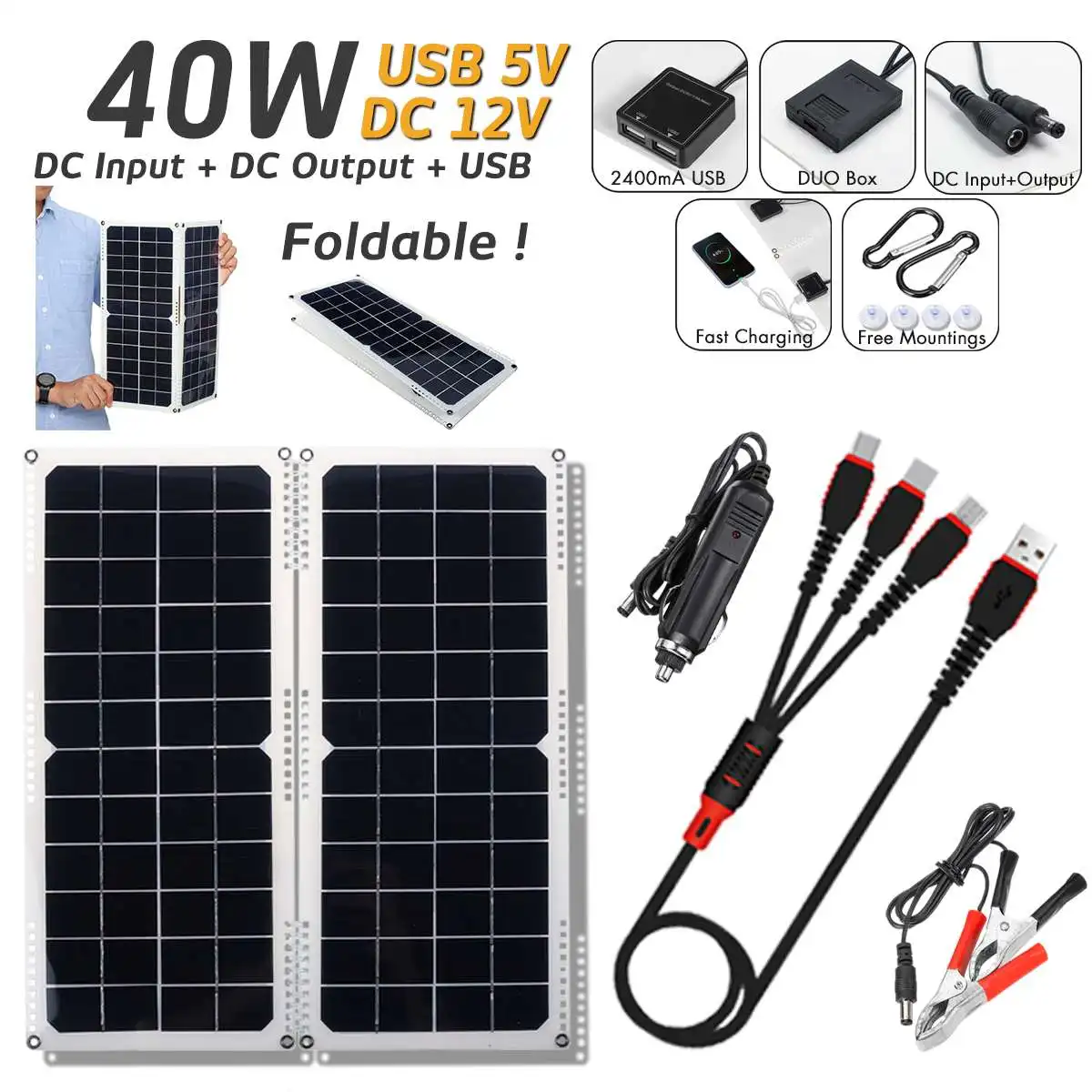 

LEORY 40W 14V 2.8A Waterproof Solar Panel Charger USB Portable Foldable Monocrystalline Solar Cell with Car Charger