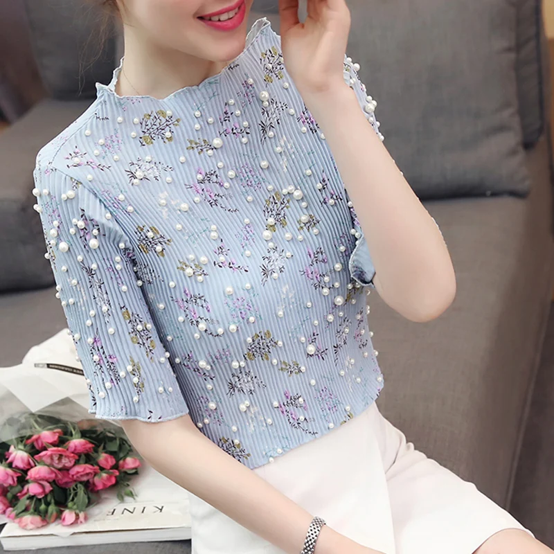 

2018 Autumn long sleeve pleated chiffon blouses women bead work pearl chiffon shirts women floral print pearl blouses pearl tops