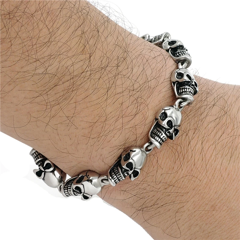 Elfasio Men's Boy's Silver Skull Bracelet Ghost Biker Stainless Steel Bracelet  Jewelry 9