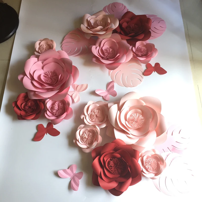 

13pcs Giant Paper Flowers+5pcs Butterfly+ 6pcs leaves Showcase Wedding Backdrops Props Baby Room Decor flores artificiais para