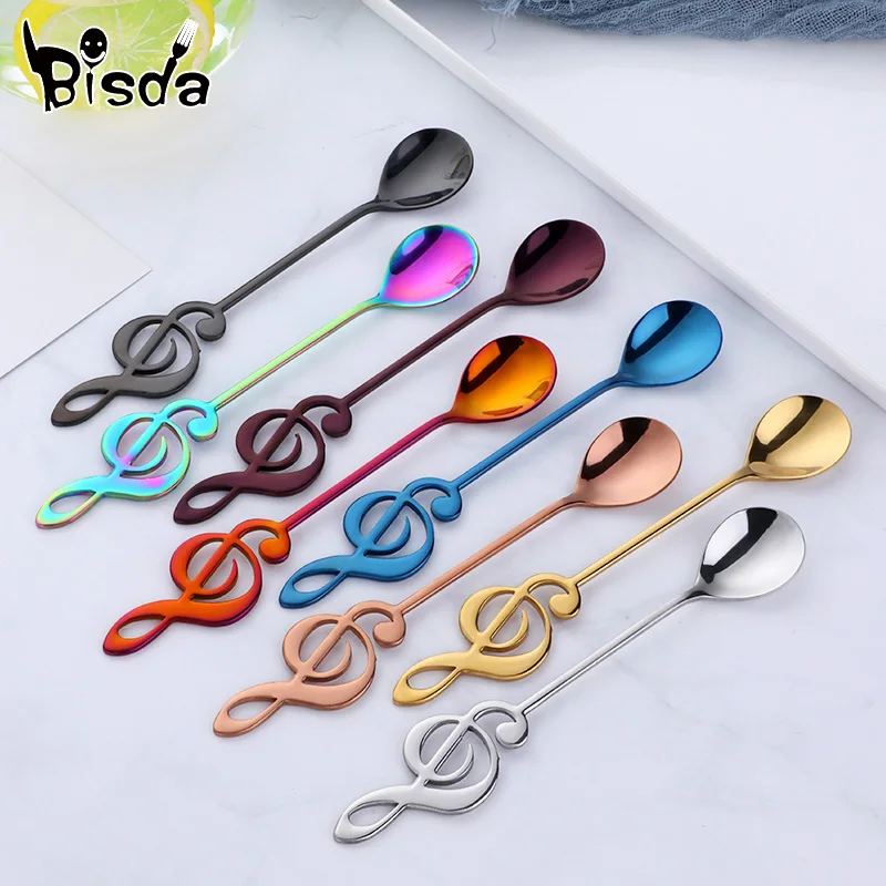 

8 Color Stainless Steel Tea Spoons Small Coffee Spoons Creative Music Symbol Spoons For Ice Cream Dessert Tea Party Tableware