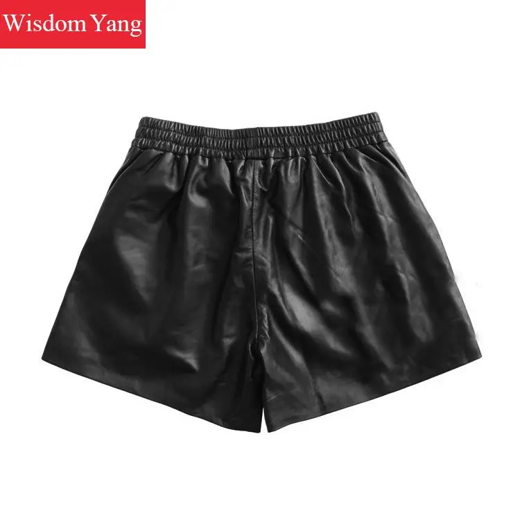 Летние широкие шорты из натуральной овечьей кожи, женские шорты в Корейском стиле, черные женские модные короткие расклешенные брюки
