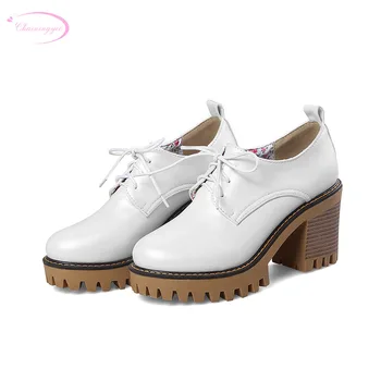 

Chainingyee college style comfortable round toe pumps fashion lace-up platform black white blue thick high-heeled woman shoes