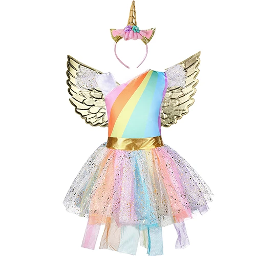 Halloween Girls Unicorn Costume Rainbow Pony Birthday Tutu Outfits Sparkle Tulle Fancy Dress Up Party Dress With Headband Wings - Цвет: With headband wings