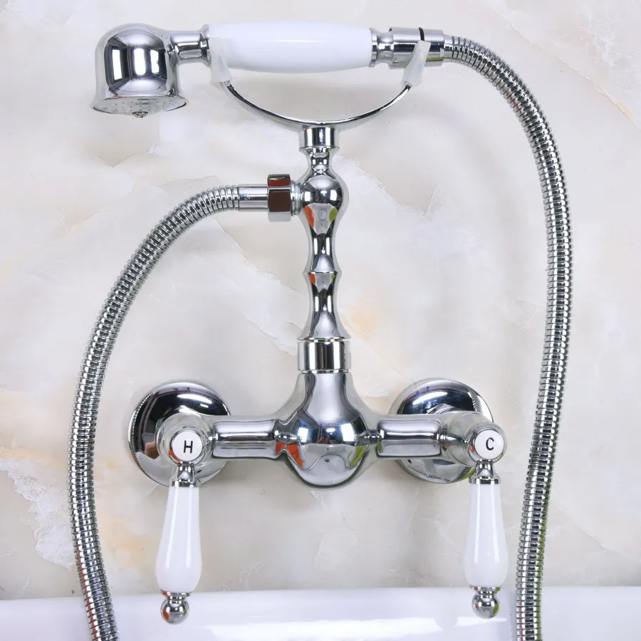 

Modern Wall Mount Polished Chrome Brass Bathroom Clawfoot Hand Shower Faucet Mixer Tap Set Telephone Shape Hand Spray ana213