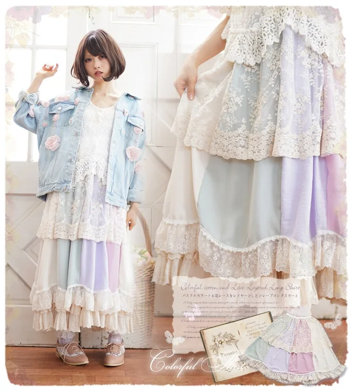 Flor do Laço Mori Menina Multi Camadas Saia Plissada Mulheres Primavera Outono Bordado Colorido Feminino Encantador Ruffle Saias A208 15 High Quality Moda Feminina