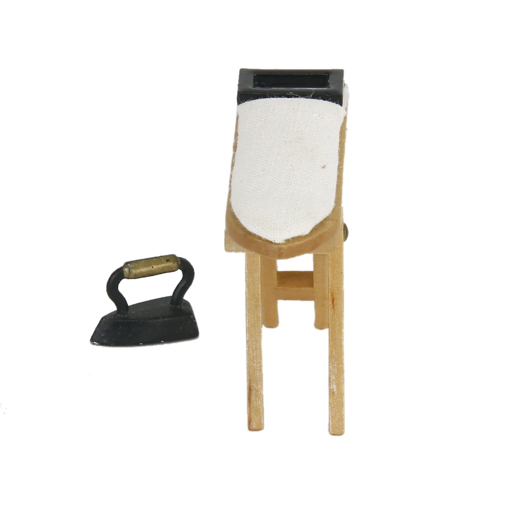 Dolls house Miniature sewing room Iron Wooden Ironing Board Set for 1/12 Scale