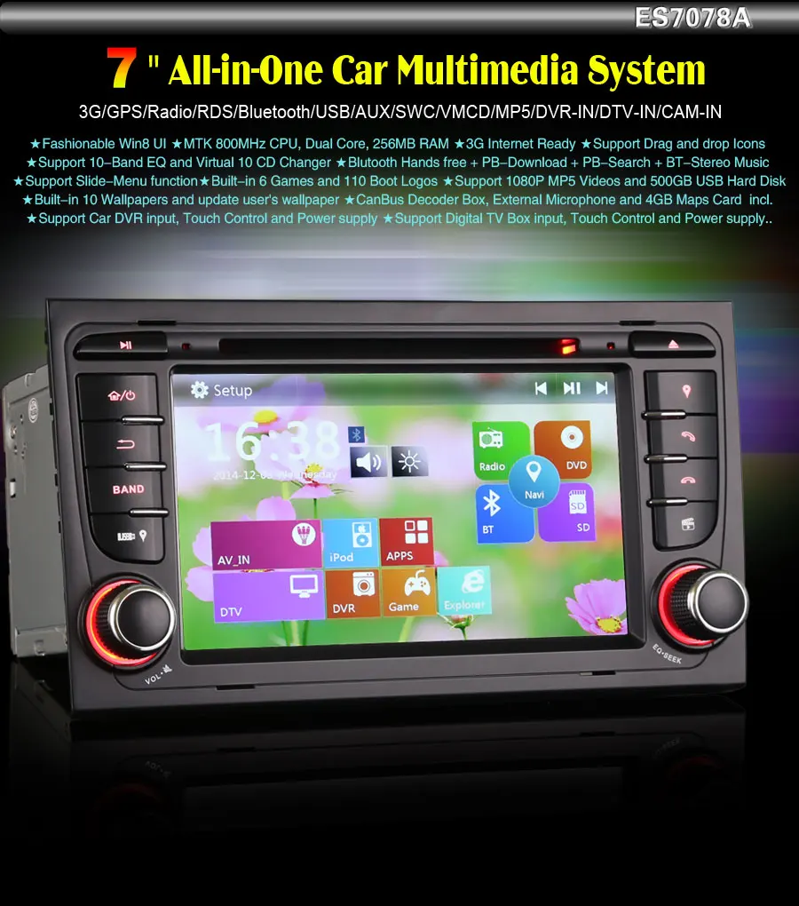 7&quot Car Autoradio Sat Nav DVD GPS Player for A4 S4 RS4 8E 8F B9 B7 SEAT EXEO /800MHz/256MB/CanBus/VMCD Stereo Headunit WBT7078A |