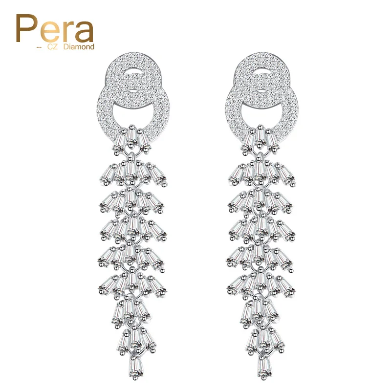 

Pera High Quality Silver Color Jewellry Luxury Long Drop Cubic Zirconia Stone Big Dangling Earrings For Women Party E033