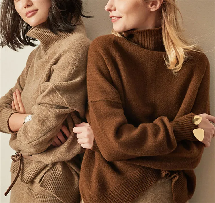 2018 Новый gashion Коза кашемир толстый женские вязаные неровный подол пуловер с высоким воротником свитер верблюд 3 вида цветов S-L