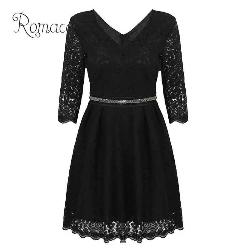

Romacci Elegant Ladies Lace Dress Solid Color V Neckline Three Quarter Sleeve Oversized A-line Dress 2019 Hollow Out Midi Dress