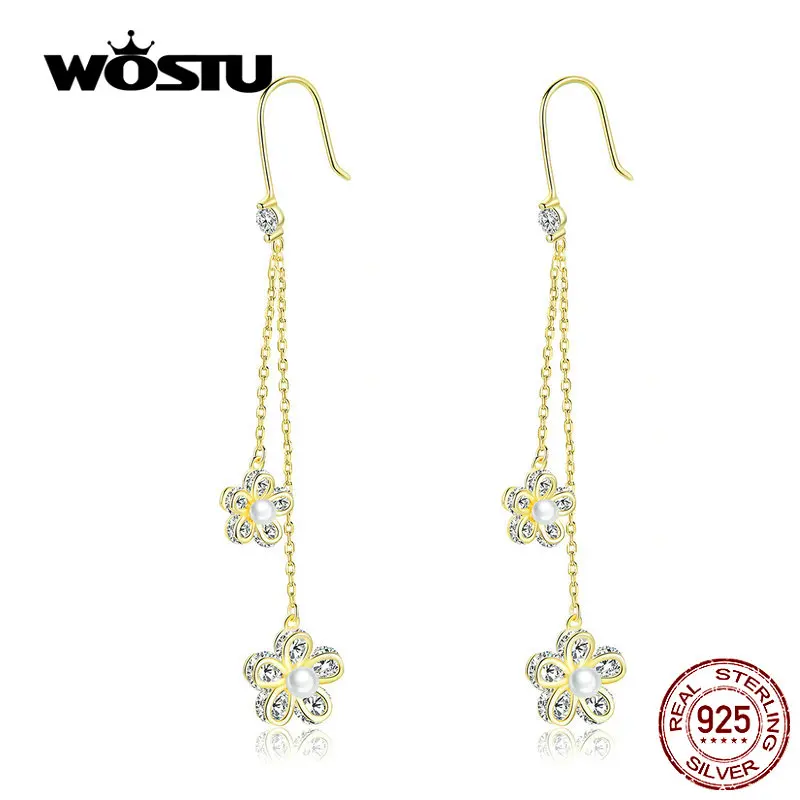 

WOSTU Sparkling Flower Drop Earrings 925 Sterling Silver Zircon Gold Long Line Dangle Earrings For Women Wedding Jewelry CTE197