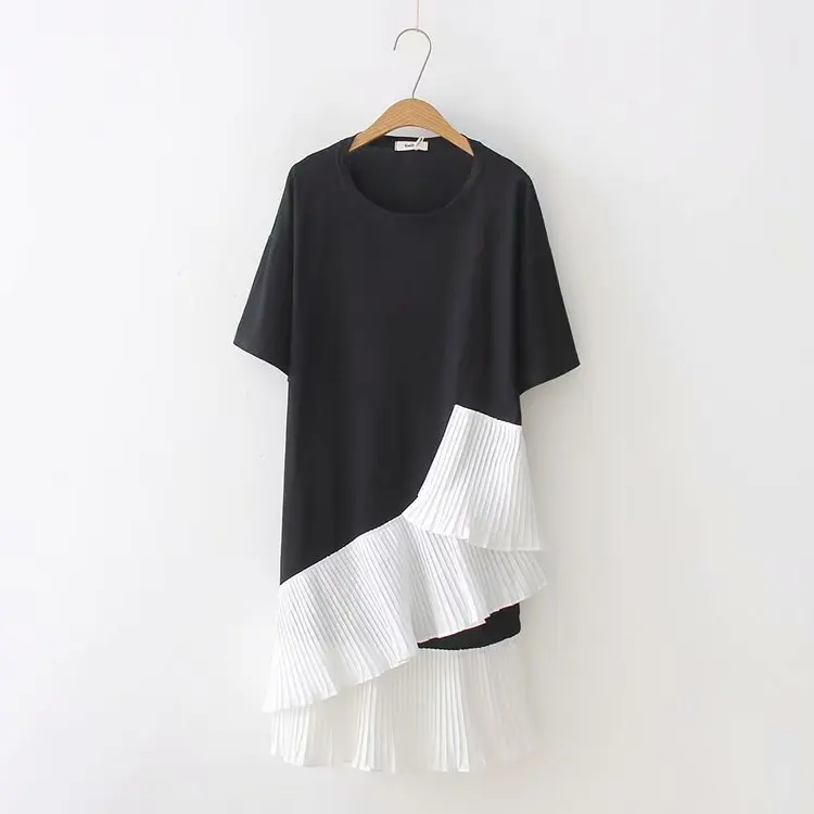 

2019 summer new style, fashion splicing, chiffon, round collar short sleeve, sexy pleated dress