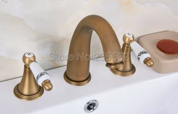 

Antique Brass Dual Ceramic Handle Bathroom Tub Faucet 3 Hole Deck Mounted Widespread Sink Basin Faucets lan082