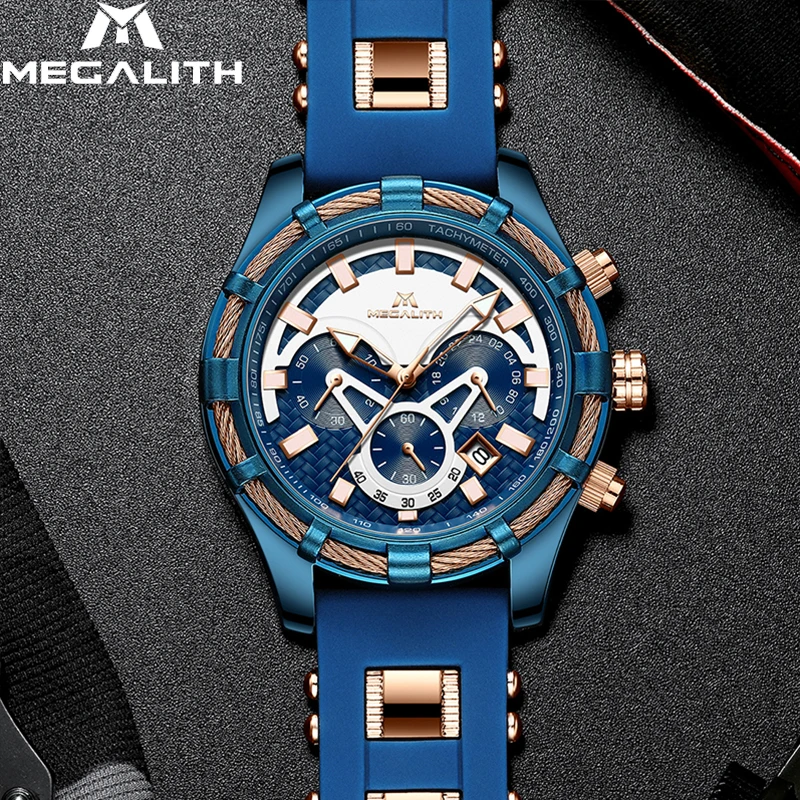 MEGALITH Mens font b Watches b font Top Brand Luxury Blue Silicone Strap Waterproof Sports Chronograph