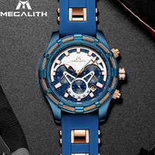MEGALITH Mens Watches Top Brand Luxury Blue Silicone Strap Waterproof Sports Chronograph Quartz Wrist Watches Relogio Masculino