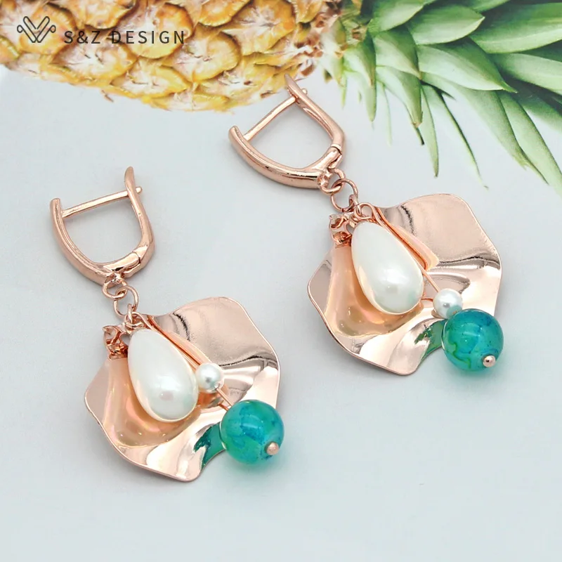 S&Z DESIGN New Cute Flower Water Drop Imitation Pearl Dangle Earrings For Women 585 Rose Gold Color Wedding Jewelry