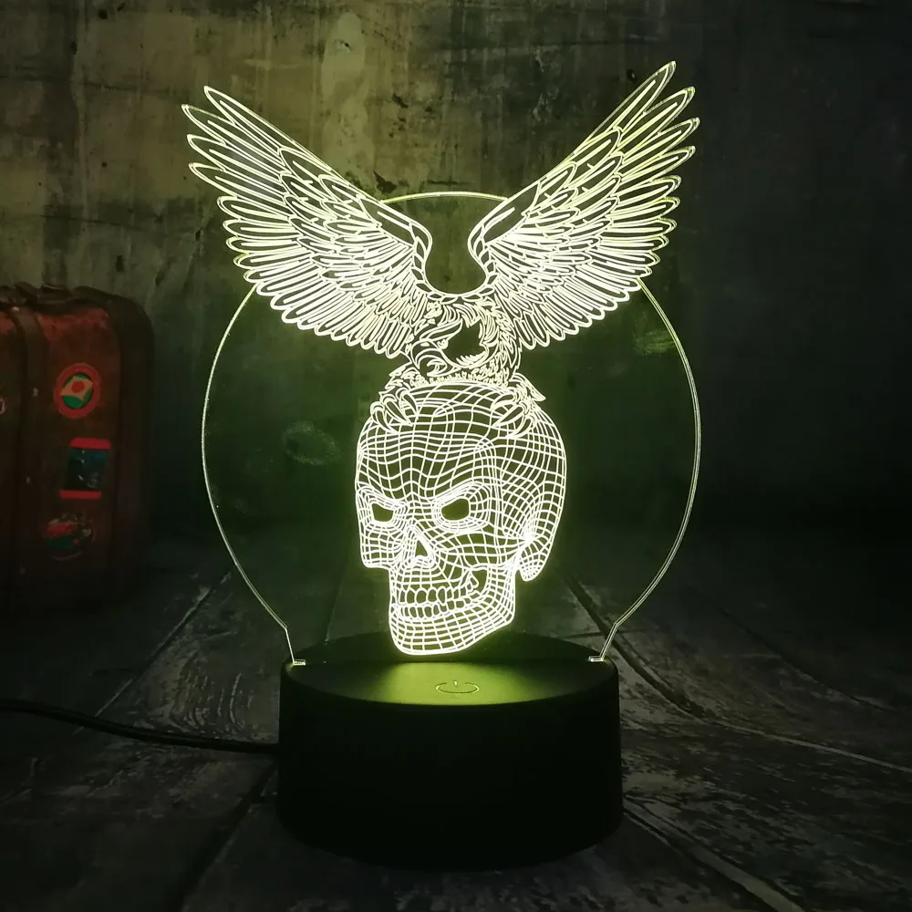 Cool Novelty Skull Eagle Wings 3D LED Night Light RGB 7 Colors Remote Control USB Multicolor Desk L