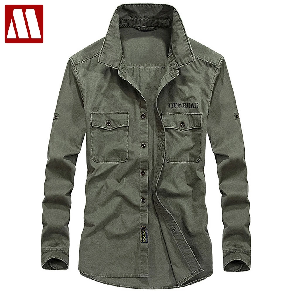 

2019 Spring men's high quality military casual brand long sleeve shirt man autumn 100% cotton army green Cargo shirts Big size