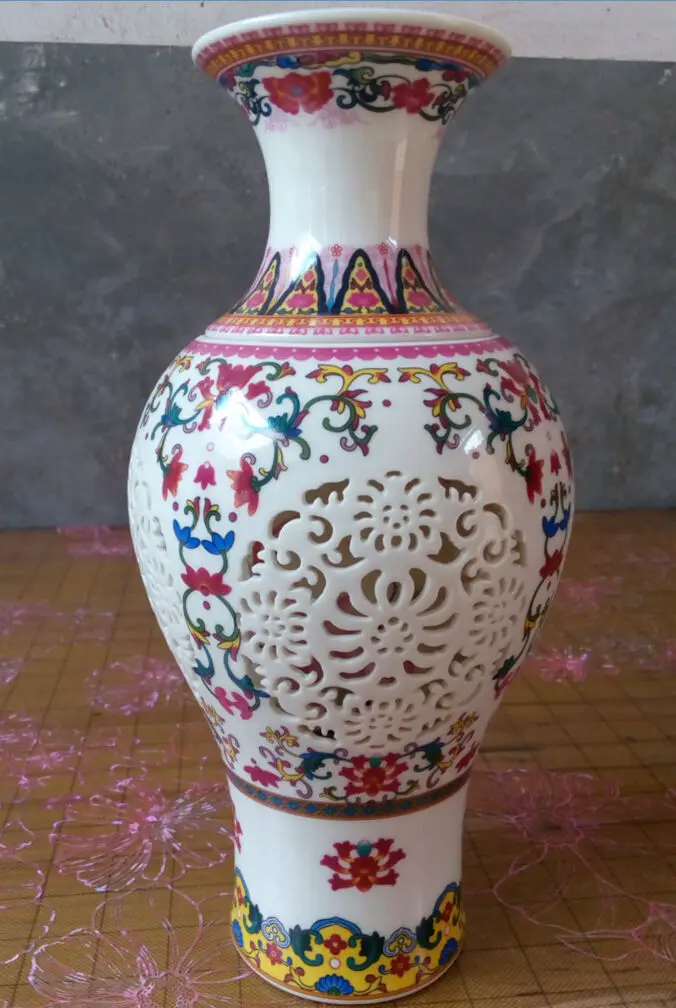 

china collectible decorate handwork old porcelain hollow out flower totem vase