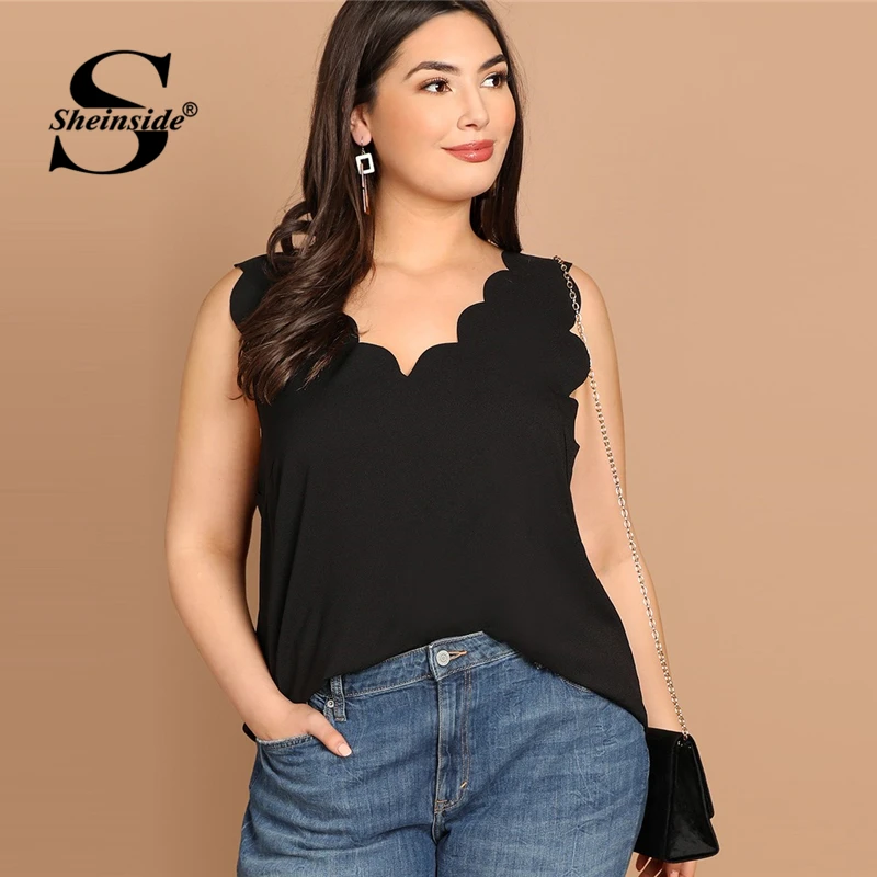 Sheinside زائد حجم أنيقة الإسكالوب حافة تقليم سترة النساء 2019 الصيف أكمام قمة صلب السيدات عارضة V الرقبة قمم