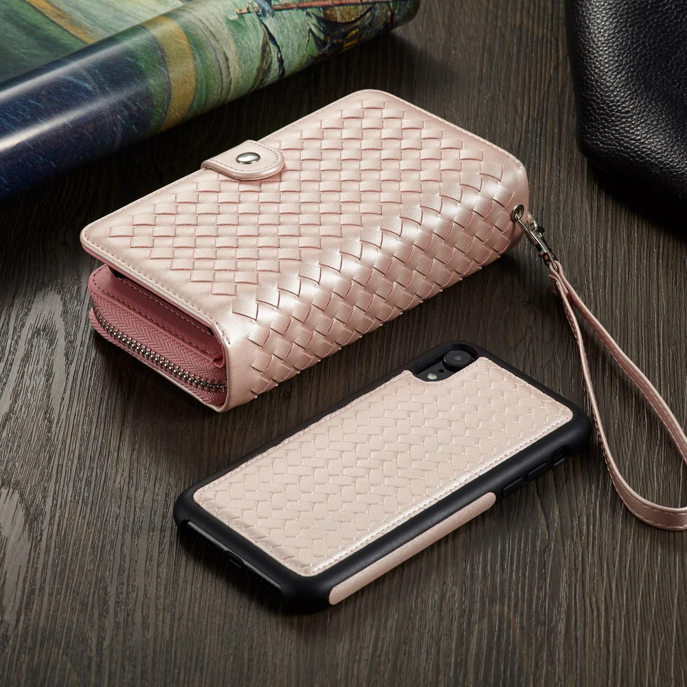 

Zipper Wallet Case For Apple iPhone X XS Max XR Detachable Folio PU Leather Pocket Wristlet Strap Stand Cards Holder Holster
