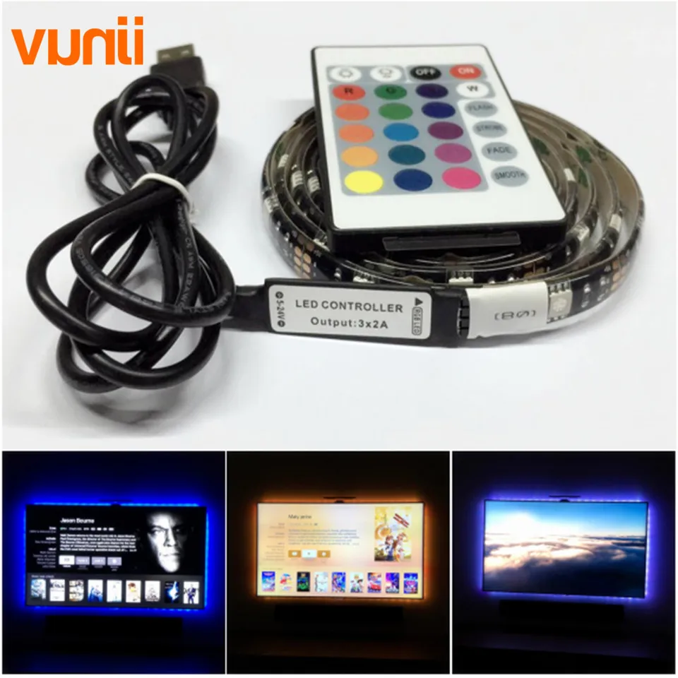 Vunji USB Светодиодные ленты 5050 RGB ТВ Задний план Освещение комплект cuttable с 20key RF контроллер 1 м/2 м комплект, водонепроницаемый или