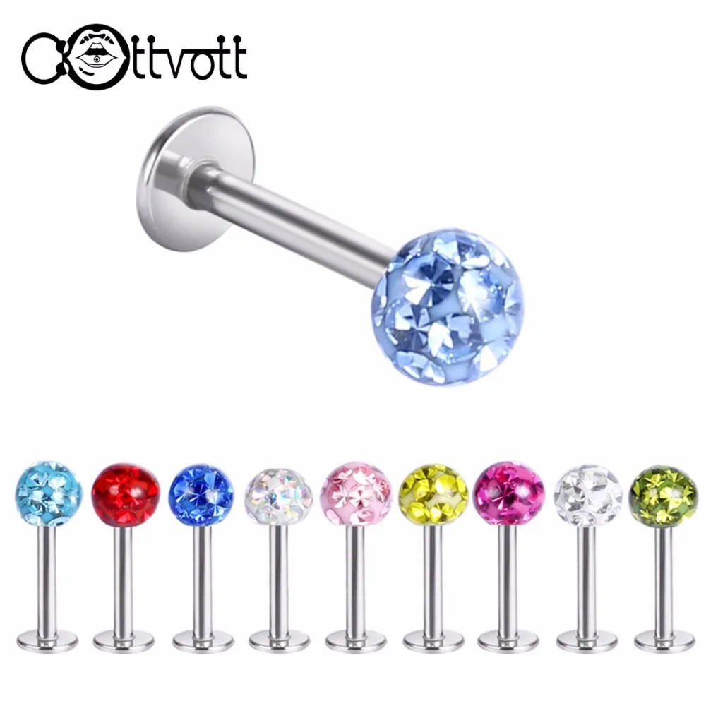 10pcs/lot Cz Gem Crystal Lip Labret Piercing Ring Threaded Ball Head