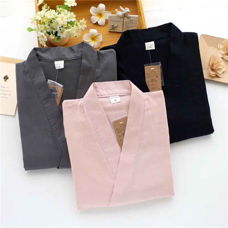 New 100% Cotton Men Japanese Pajamas Sets Simple Kimono Yukata Loose Nightgown Sleepwear Bathrobe Leisure Wear Lover Homewear