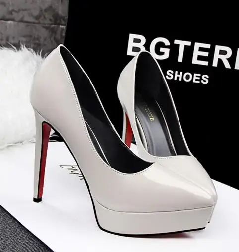 2018 spring and autumn new 12CM pointed super high heel stiletto waterproof platform sexy shallow mouth patent leather shoes wom