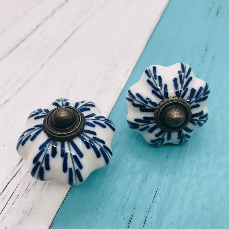 Set of 10 Ceramic Blue and White Ceramic Decorative Antique Door Knobs Interior door Pumpkin Knobs and Pulls for Cabinet Kids