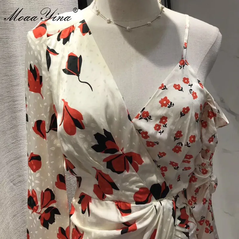 MoaaYina Fashion Designer Runway dress Spring Autumn Women Dress Long sleeve One shoulder Elegant Party Floral-Print Dresses