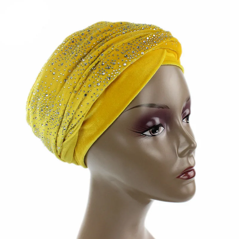 Роскошный женский бархатный Тюрбан повязка на голову с бриллиантами, удлиненный бархатный тюрбан, повязка на голову, хиджаб платок на голову, тюрбан - Цвет: yellow